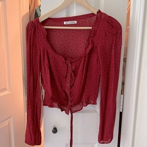 Reformation red Italia ruffle blouse red with black polka dots